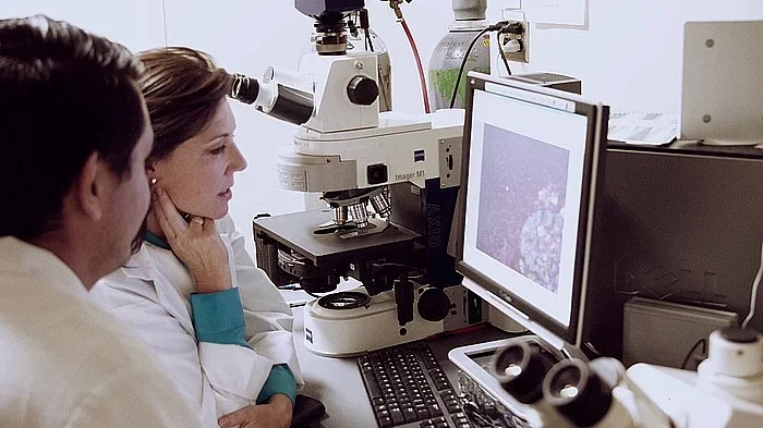 Lab members working on computer