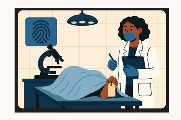 illustration of forensic pathologist standing next to cadaver covered by sheet (only the feet and tag on the foot is visible for the cadaver)
