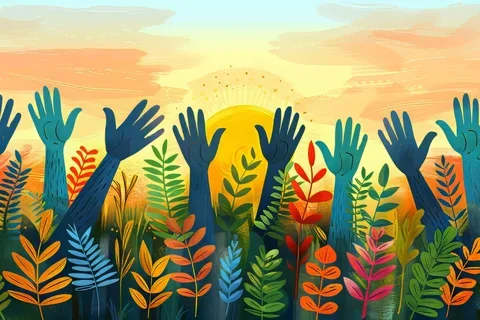 colorful hands waving