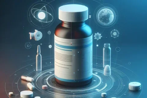Pill bottle with scattered tablets and medical icons on a blue background.