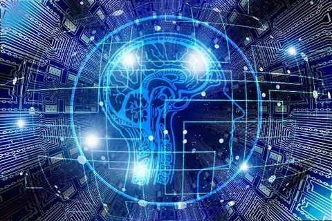 Digital human head with circuit patterns and glowing nodes representing AI.