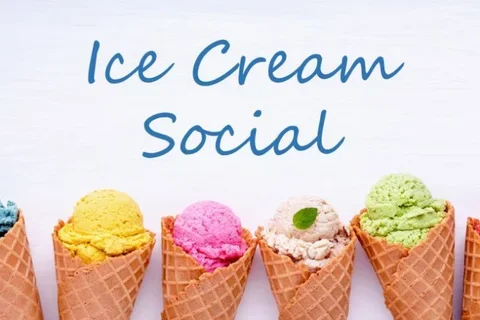 Ice cream cones with different flavors of ice cream accompanied by the text 'Ice Cream Social'