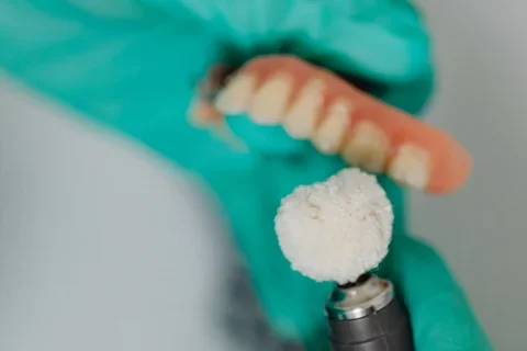 Lab technician holding dentures and using a polishing tool while wearing gloves