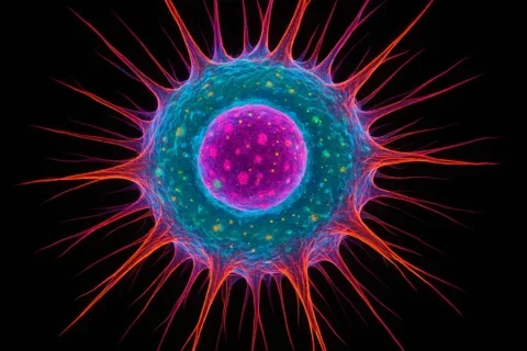 Graphic of STEM Cell in bright purple and blue against black background