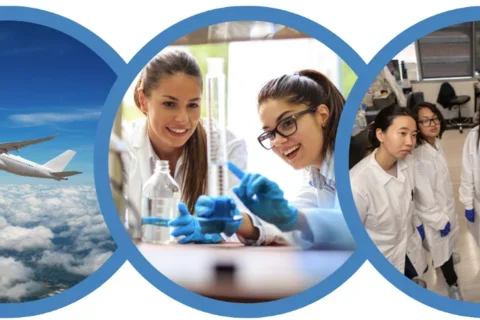 Airplane in the sky and trainees working in research labs