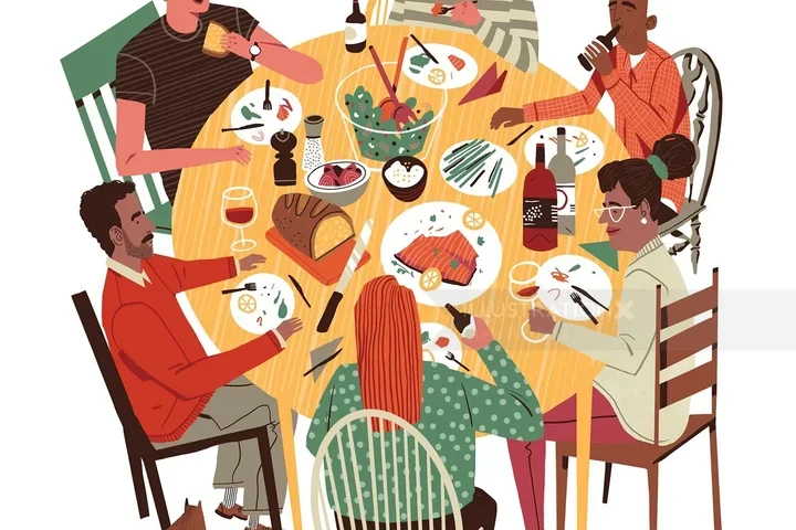 graphic of a group of friends sitting around a dinner table 