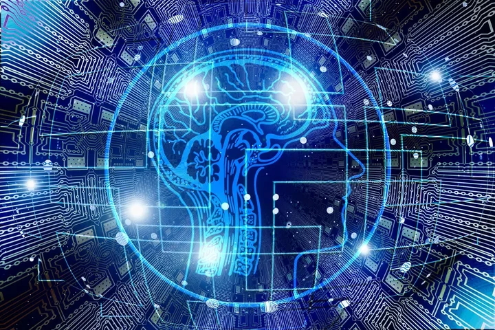Digital human head with circuit patterns and glowing nodes representing AI.