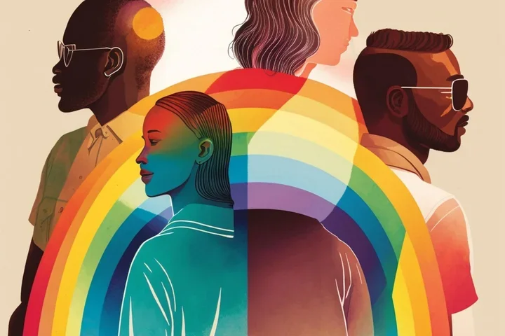 Four people facing outward under a rainbow, symbolizing diversity and unity.