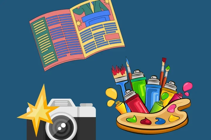 magazine, camera, and colorful art supplies