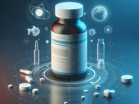 Pill bottle with scattered tablets and medical icons on a blue background.