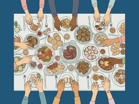 dinner table with variety of foods and guests seated around