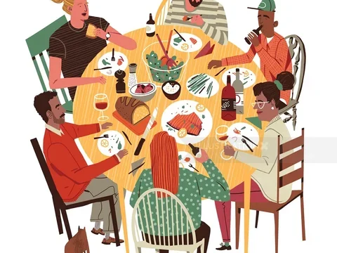 graphic of a group of friends sitting around a dinner table 