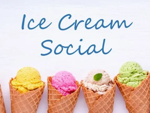 Ice cream cones with different flavors of ice cream accompanied by the text 'Ice Cream Social'