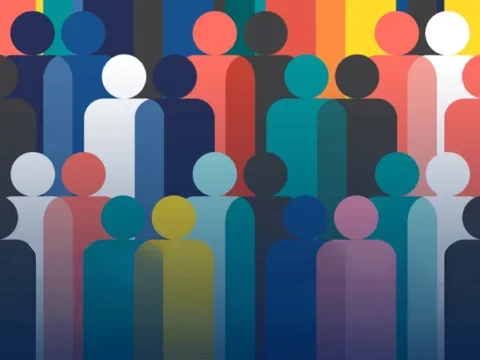 Figures of people in a colorful pattern