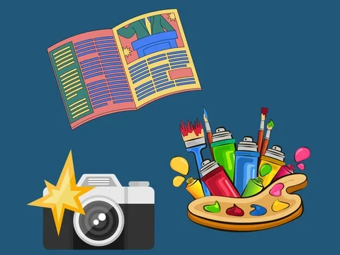 magazine, camera, and colorful art supplies