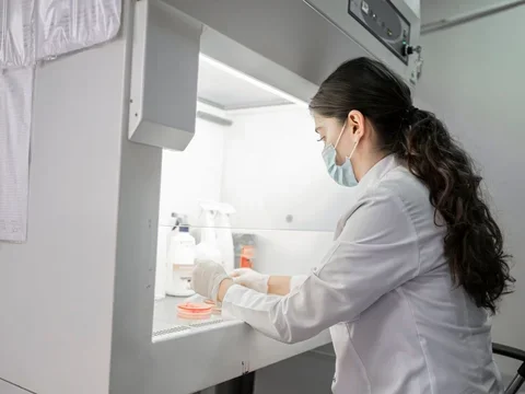 Woman with long dark hair doing research under lab fume hood
